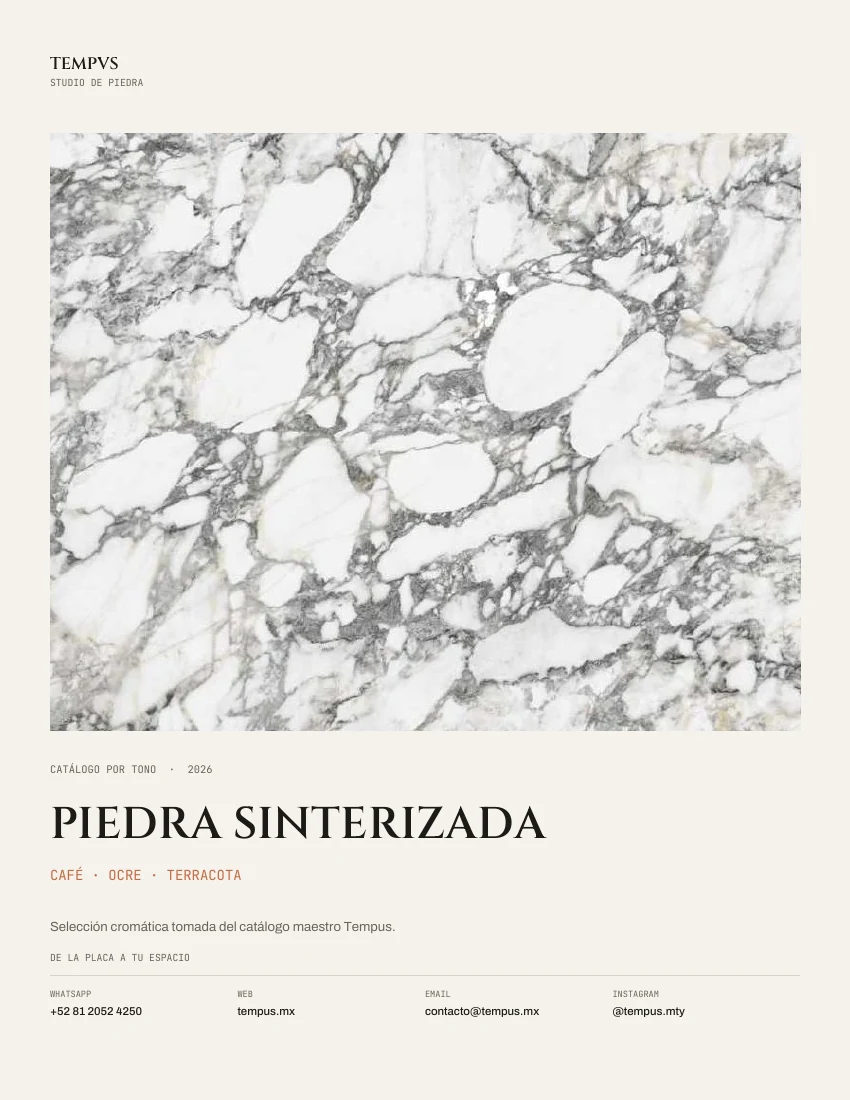Portada del catálogo Piedra sinterizada · Café · Ocre · Terracota