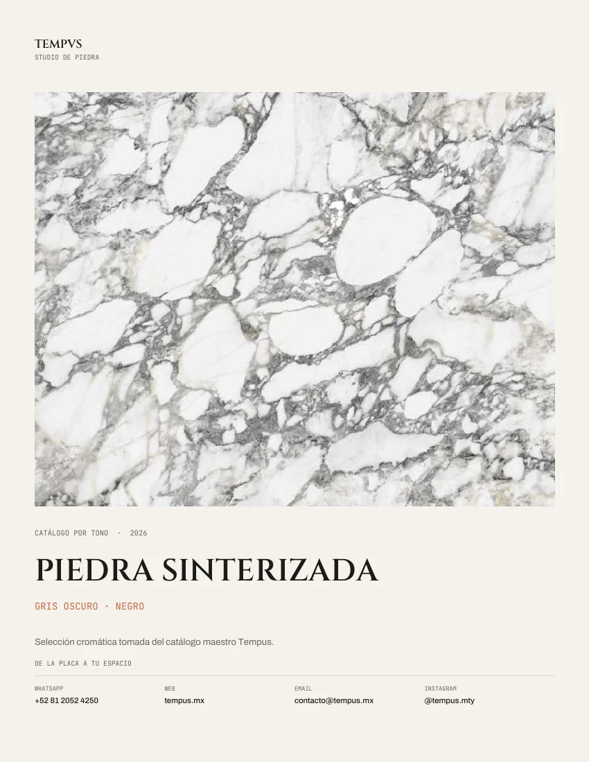 Portada del catálogo Piedra sinterizada · Gris Oscuro · Negro