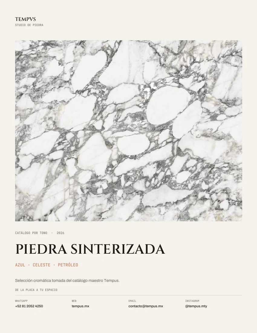 Portada del catálogo Piedra sinterizada · Azul · Celeste · Petróleo