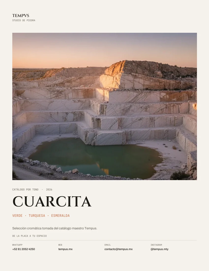 Portada del catálogo Cuarcita · Verde · Turquesa · Esmeralda