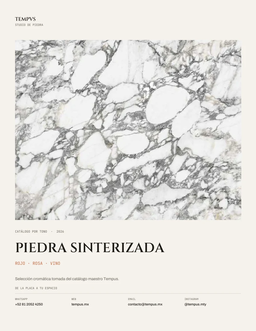 Portada del catálogo Piedra sinterizada · Rojo · Rosa · Vino