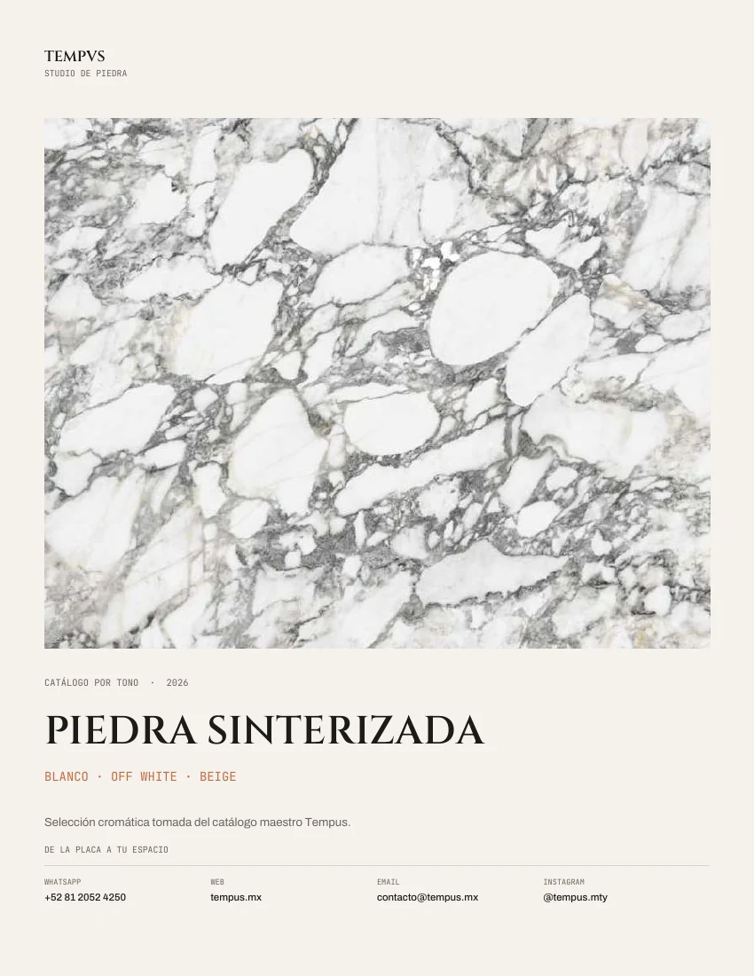Portada del catálogo Piedra sinterizada · Blanco · Off White · Beige