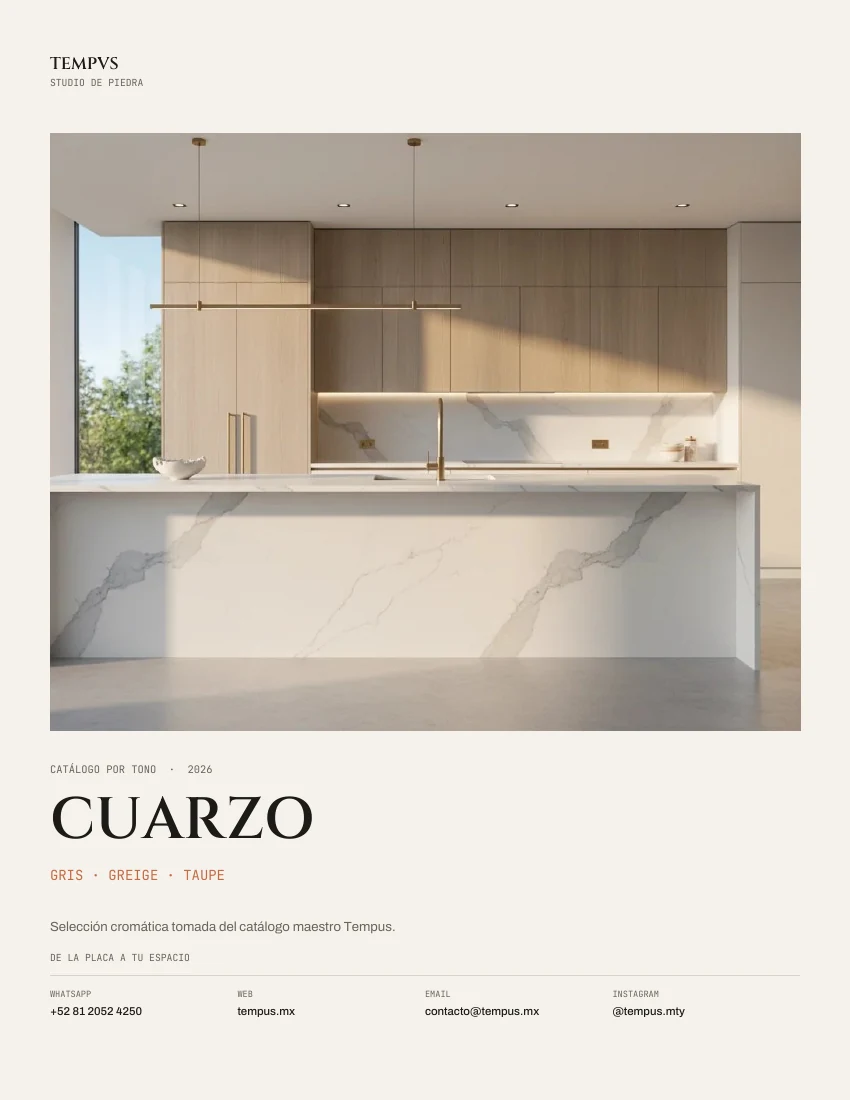 Portada del catálogo Cuarzo · Gris · Greige · Taupe
