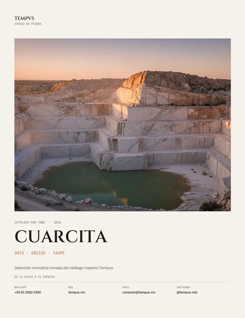 Portada del catálogo Cuarcita · Gris · Greige · Taupe