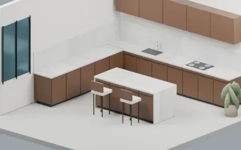 Cocina con isla, cascadas y respaldo en cuarcita clara