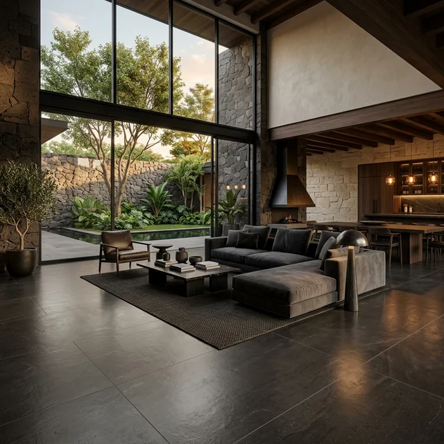 Piso de porcelana gran formato en sala de lujo