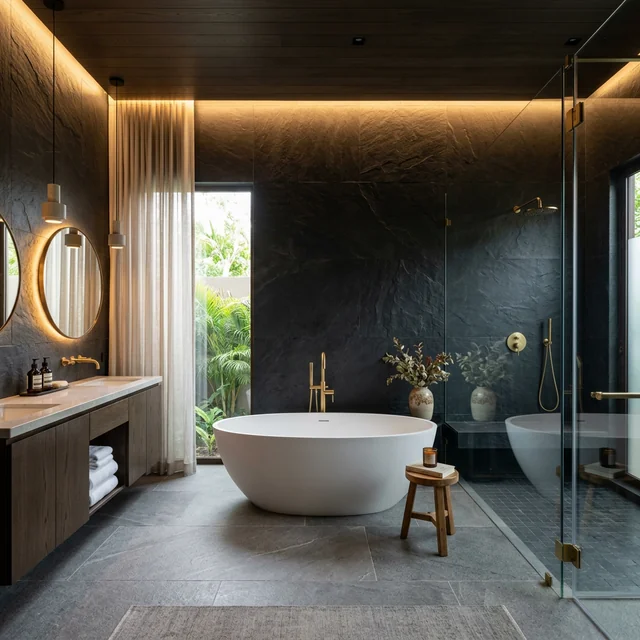 Baño principal de lujo con tina independiente