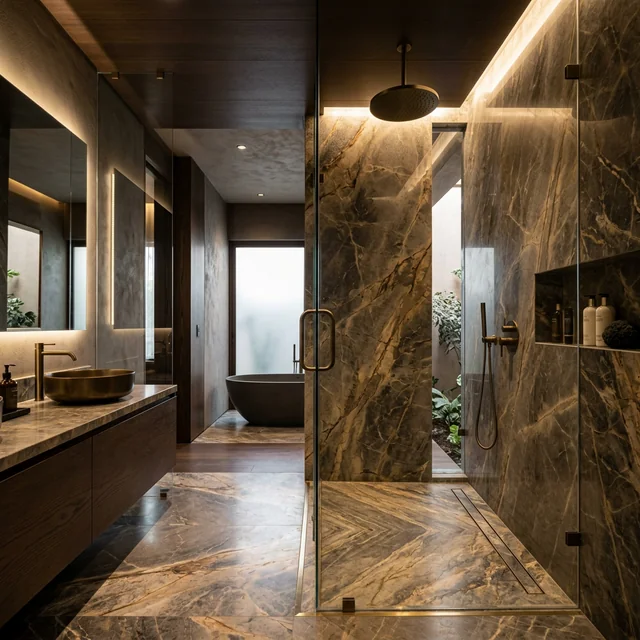 Regadera con cancel de cristal templado y muro de mármol