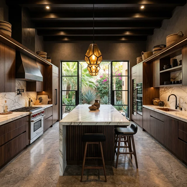 Cocina integral de lujo con gabinetes de madera oscura
