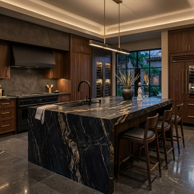 Isla de cocina con cubierta de piedra natural