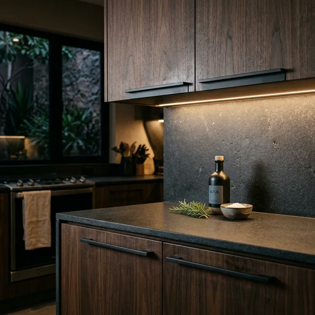 Detalle arquitectónico de herrajes en cocina moderna