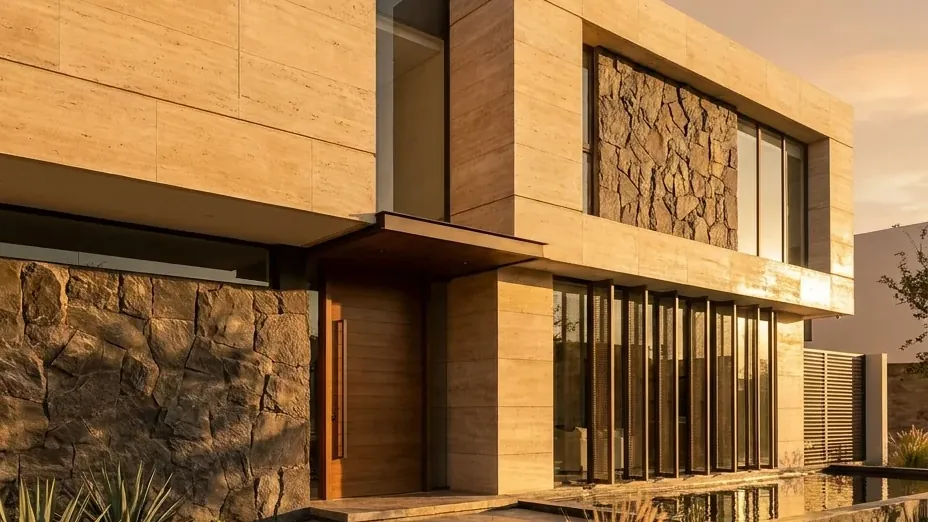 Fachada de edificio revestida con placas de piedra
