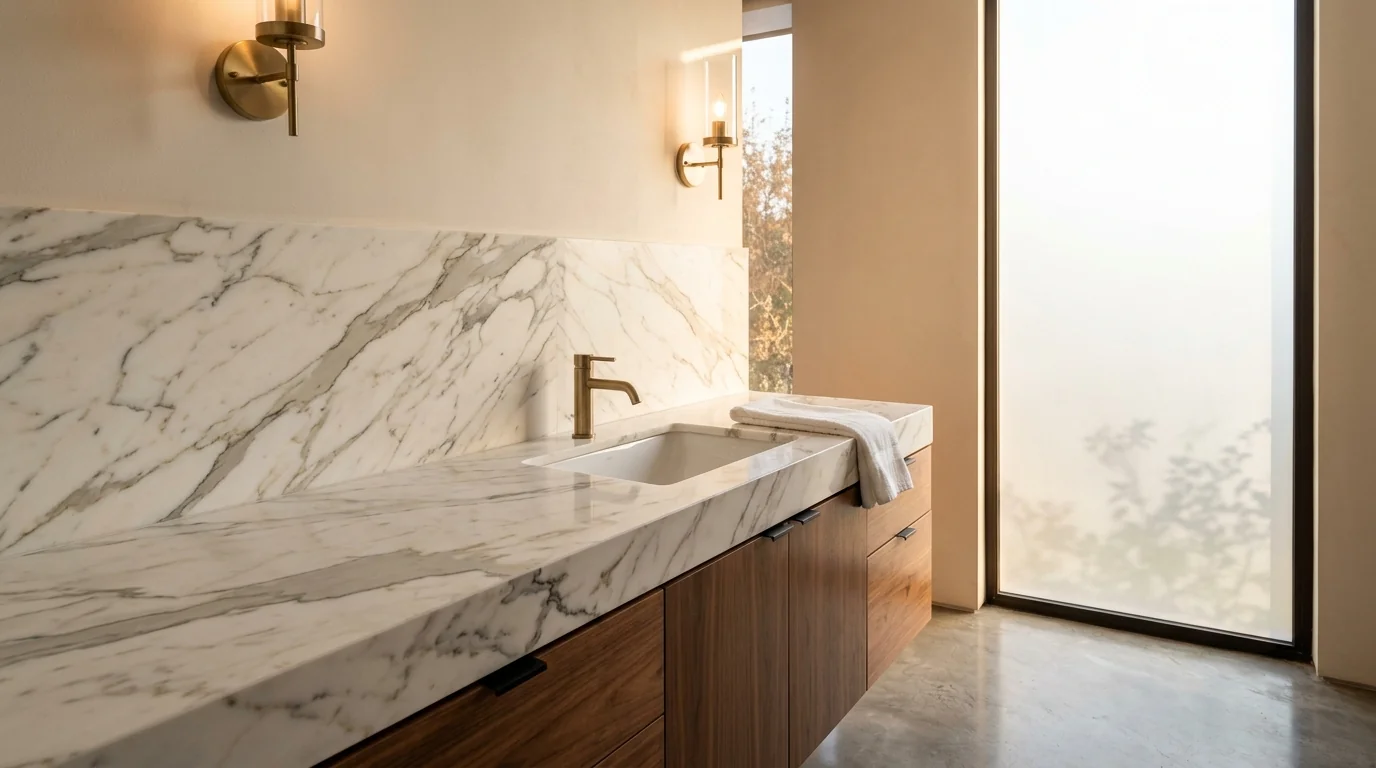 Cubierta de baño en mármol Calacatta blanco con vetas grises y doradas, vanity con cabinet de nogal y grifería en latón cepillado, residencia premium en Monterrey