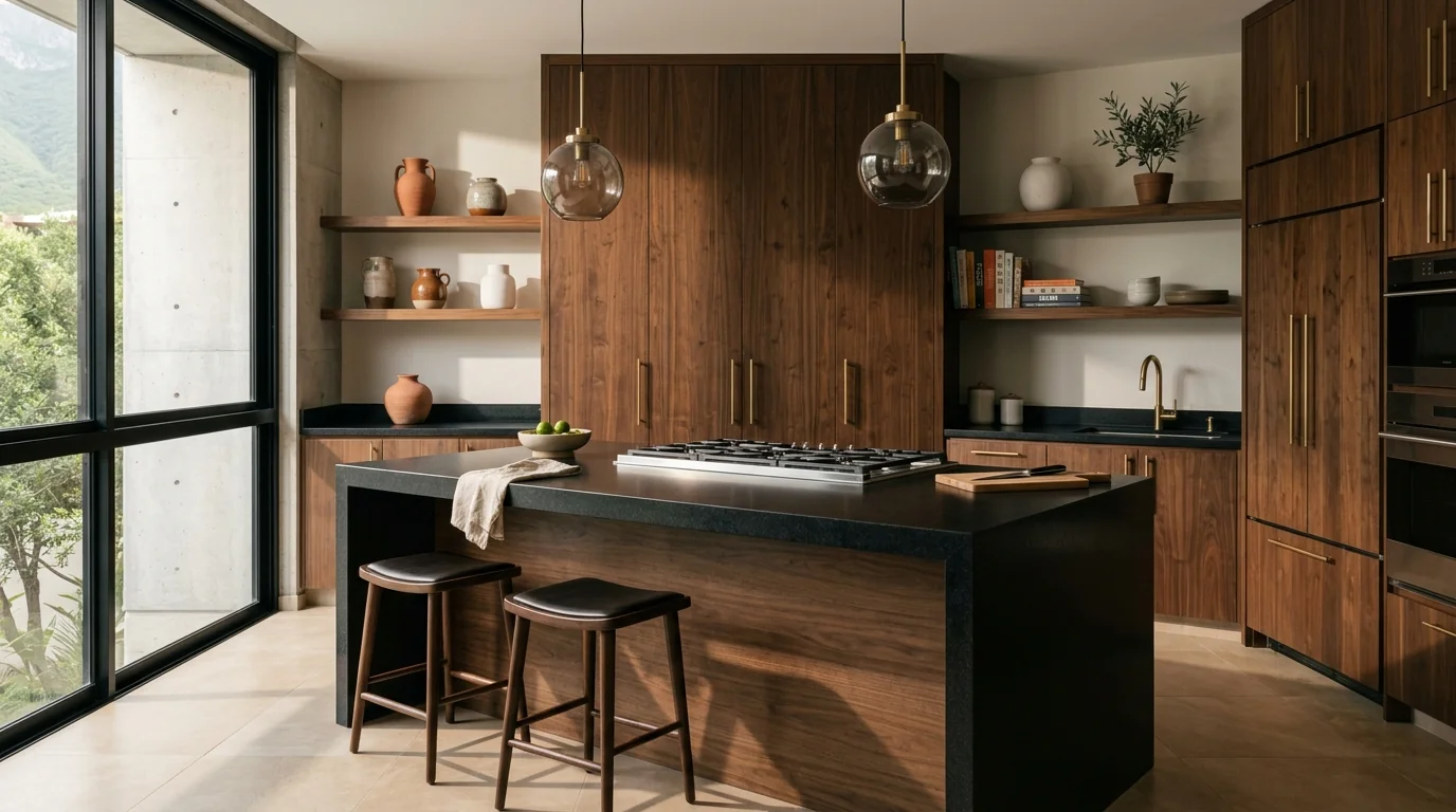 Cubierta de cocina en granito Negro Absoluto pulido mate sobre isla con cocktop integrado, cabinets de nogal oscuro, residencia familiar Monterrey