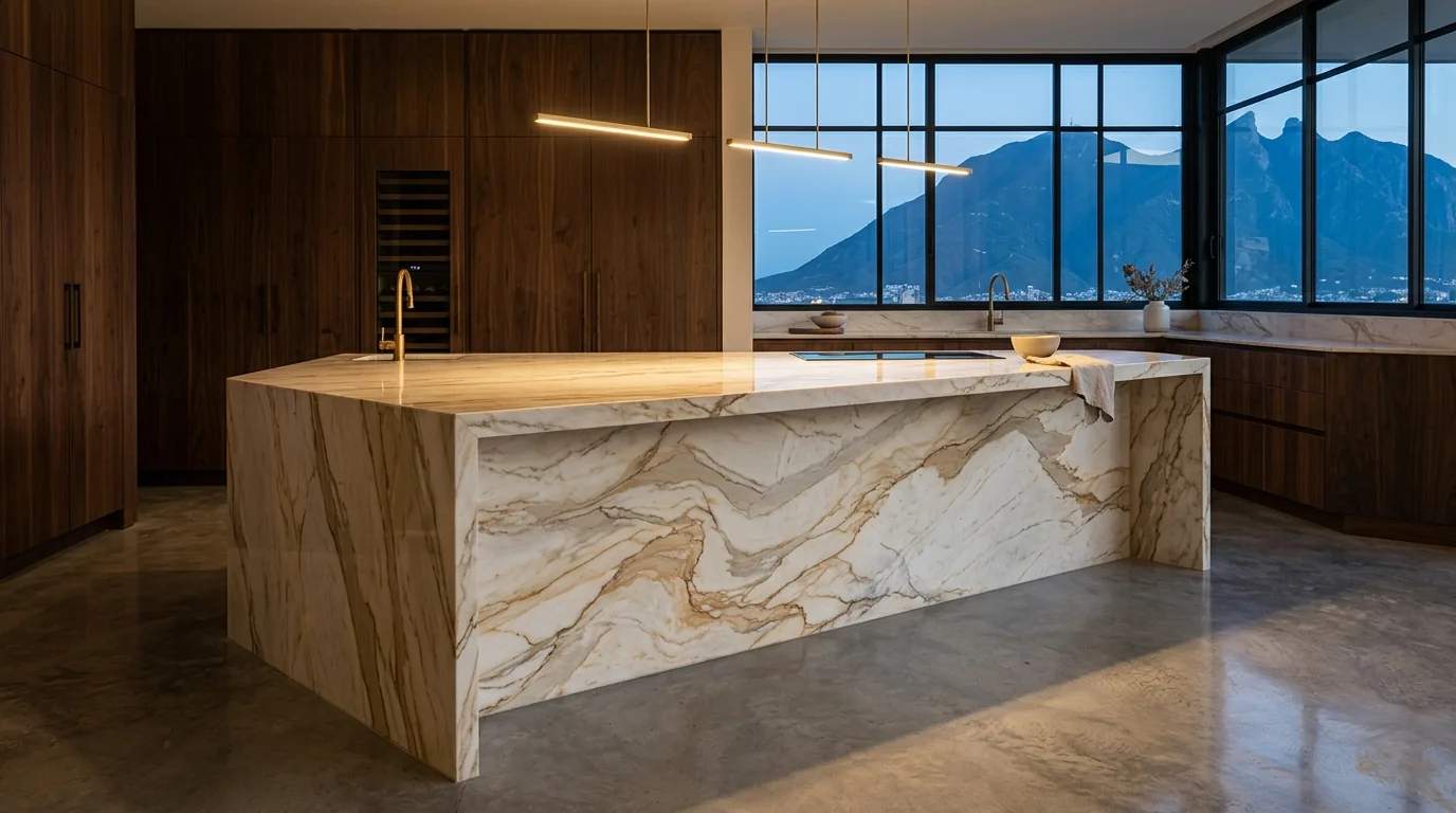 Isla de cocina premium con cuarcita Taj Mahal en placa única, vetas doradas y grises sobre fondo cremoso, cantos a 45°, residencia con vista a las montañas de Monterrey