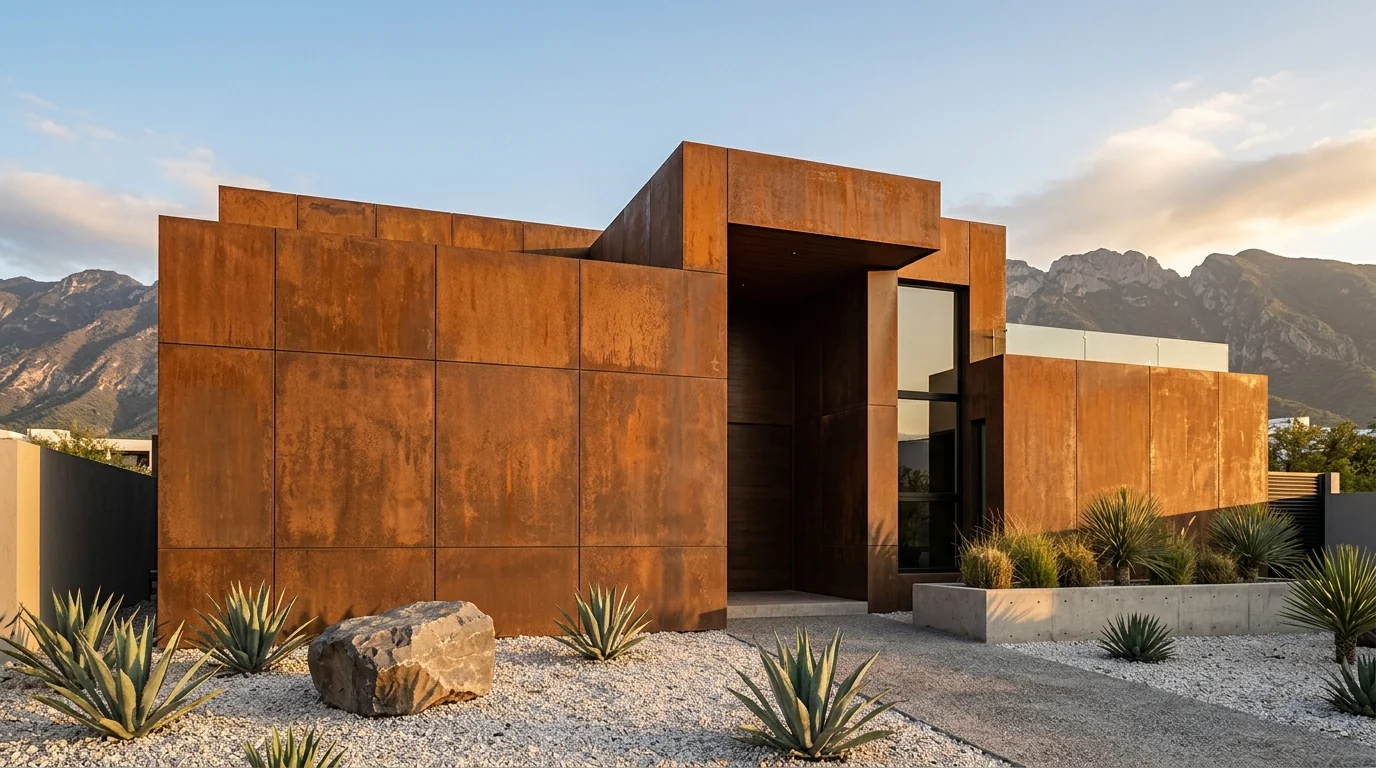 Fachada residencial moderna en Monterrey con paneles grandes de Neolith Iron Corten, textura metálica oxidada, paisajismo xerófilo con agaves, hora dorada
