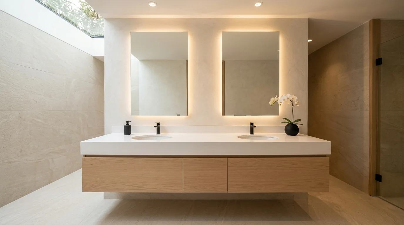 Vanity doble de baño con cubierta uniforme blanca en cuarzo Caesarstone, dos lavabos undermount, grifería matte negra, espejos retroiluminados, cabinets en roble natural