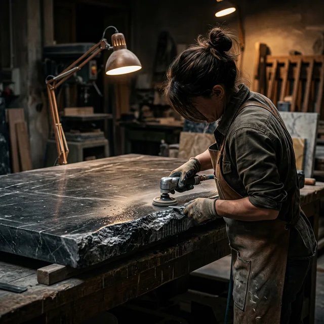 Mesa de diseño en piedra natural con base de acero