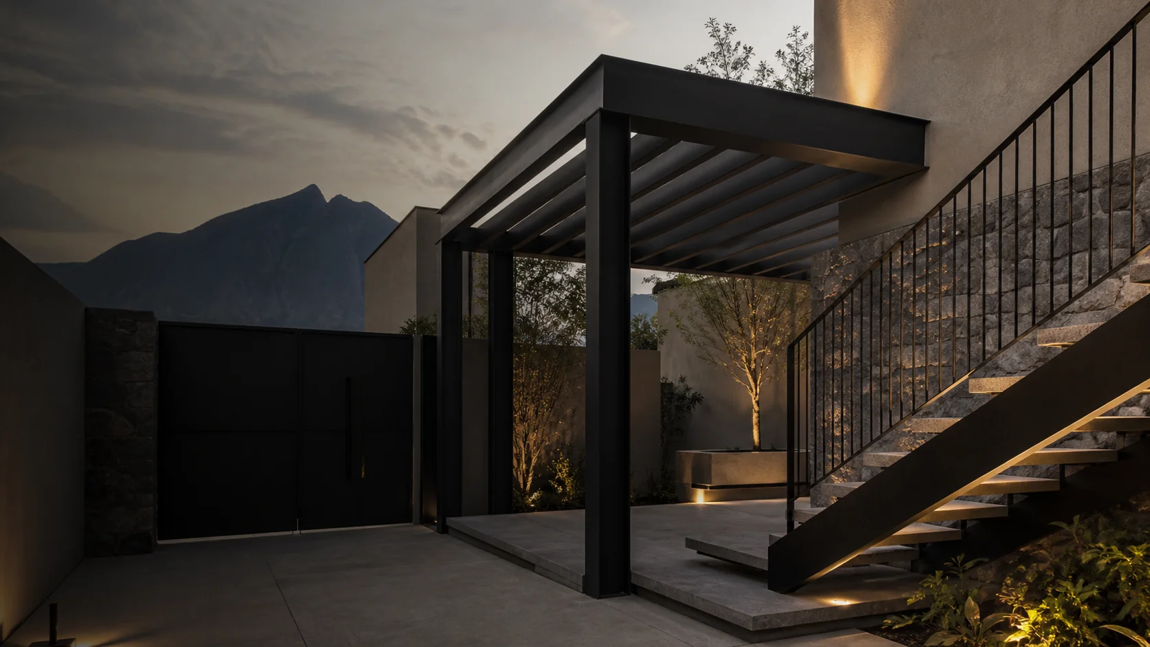 Portón, pérgola y barandal de herrería contemporánea en una residencia