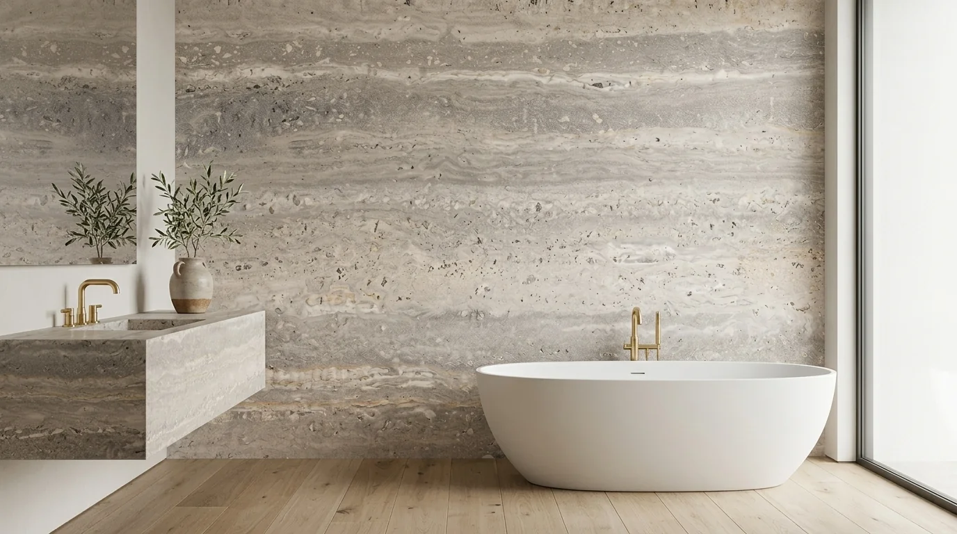 Travertino Greige en baño