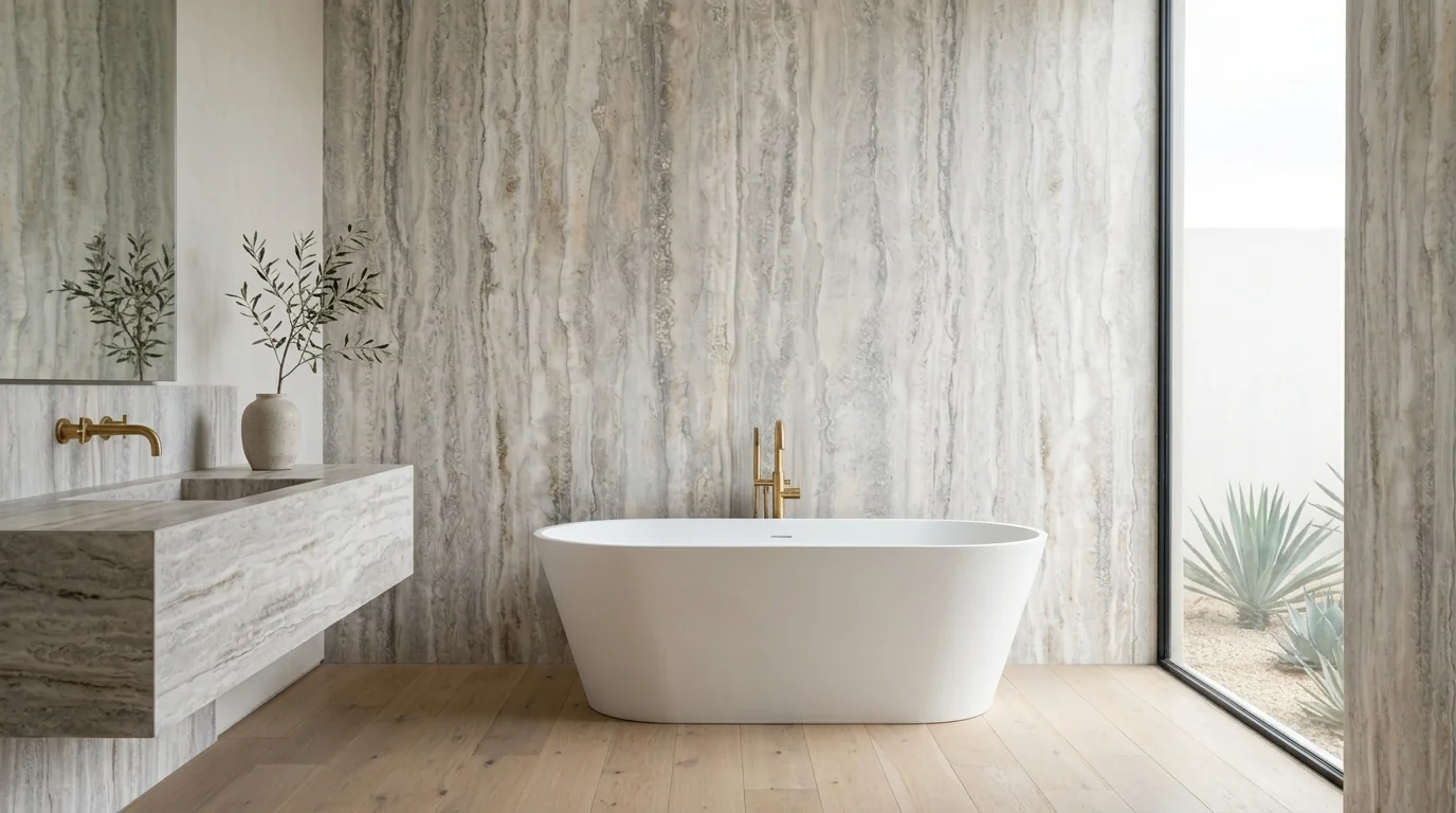 Travertino Light Grey en baño