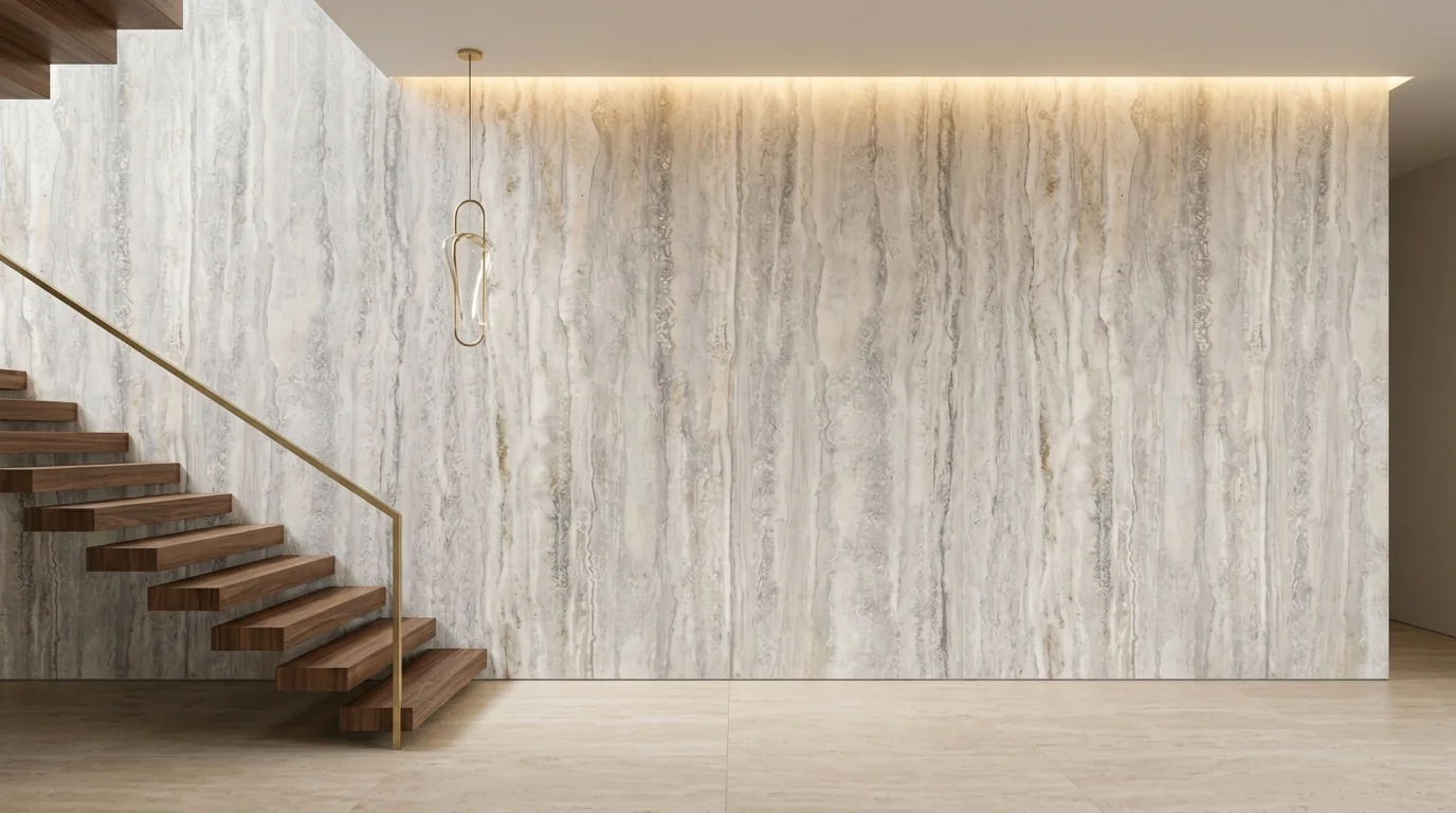 Travertino Light Grey en recubrimiento