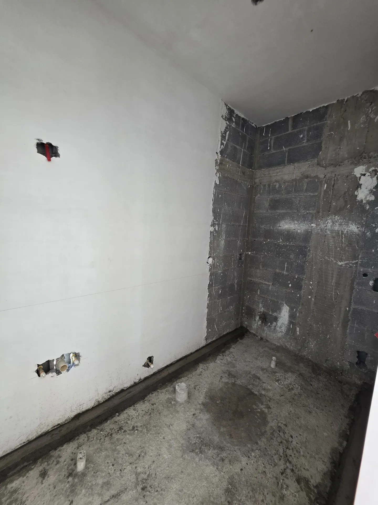 Baño con muro de block sin aplanar y muro blanco terminado — Casa Las Esmeraldas Tempus Monterrey