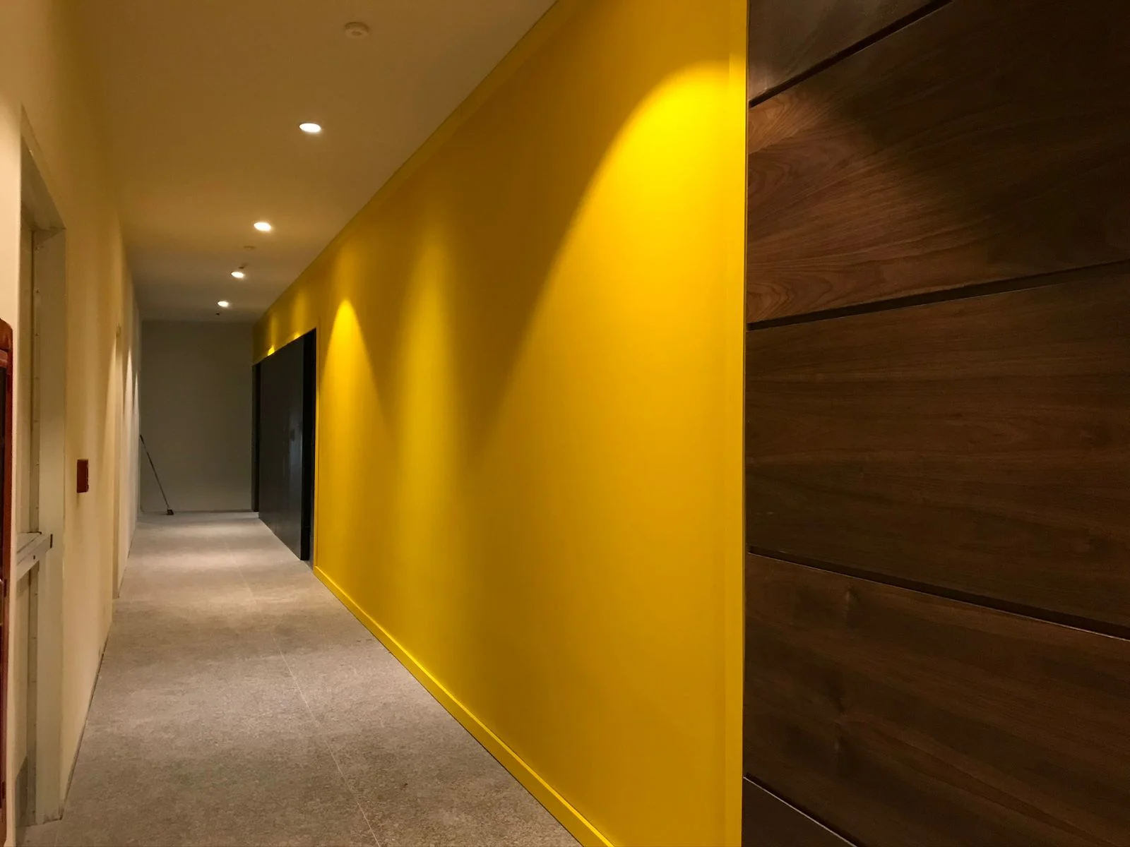 Pasillo terminado con muro amarillo intenso, lateral en madera de nogal y plafón con downlights — Altos del Roble Tempus