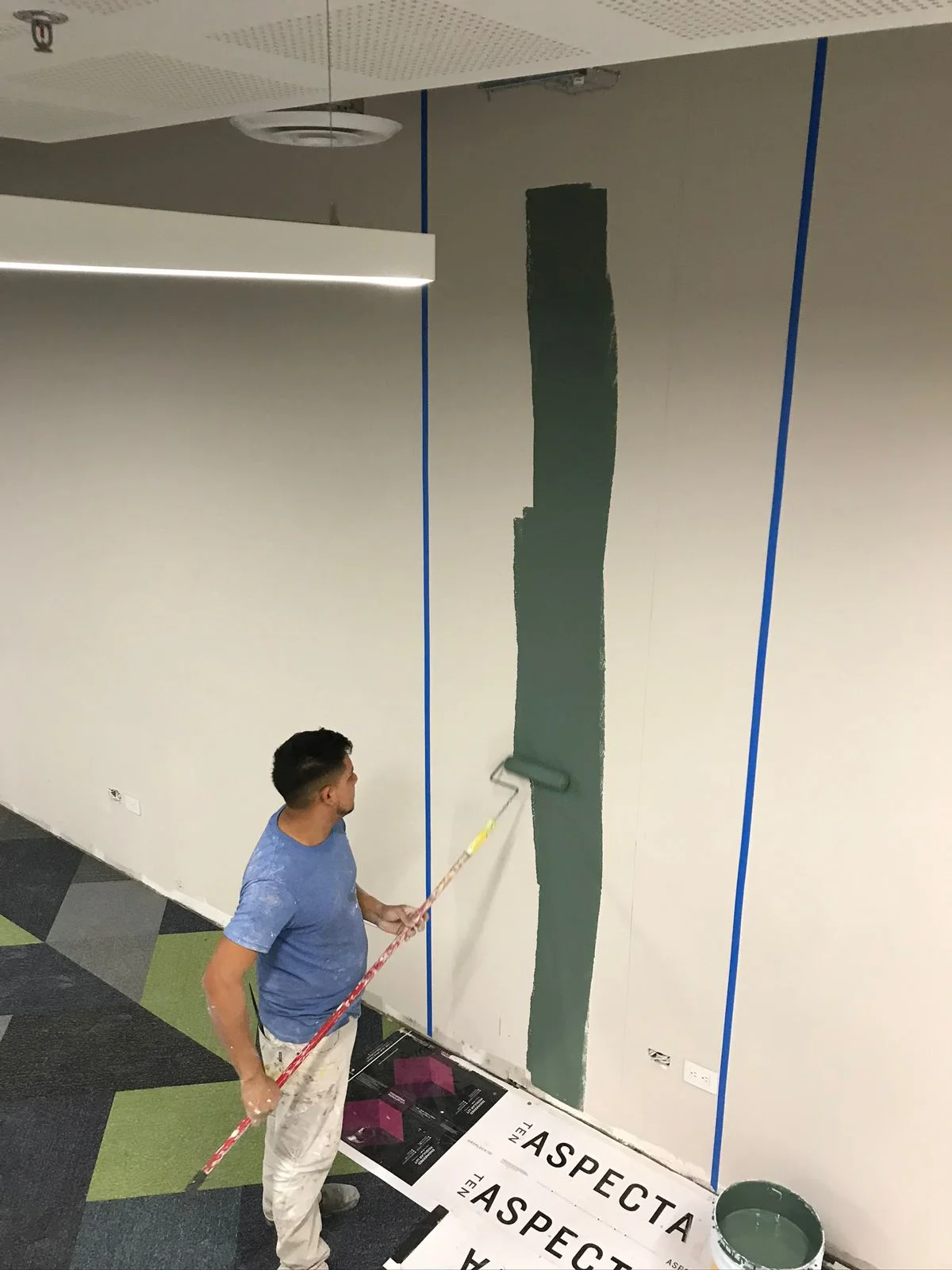 Trabajador pintando muro acentuado en verde oscuro con rodillo — Altos del Roble Tempus Monterrey