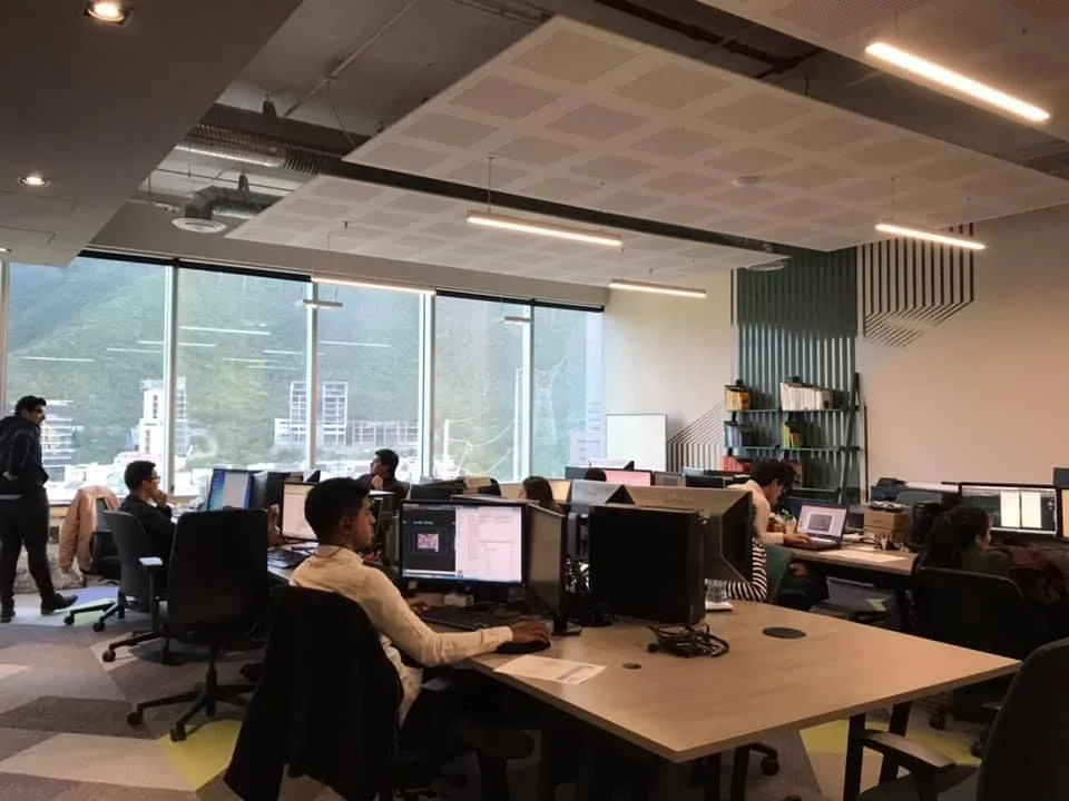 Open office terminado con vista al cerro y luminarias lineales colgantes sobre escritorios — Nórdika Business Center Tempus