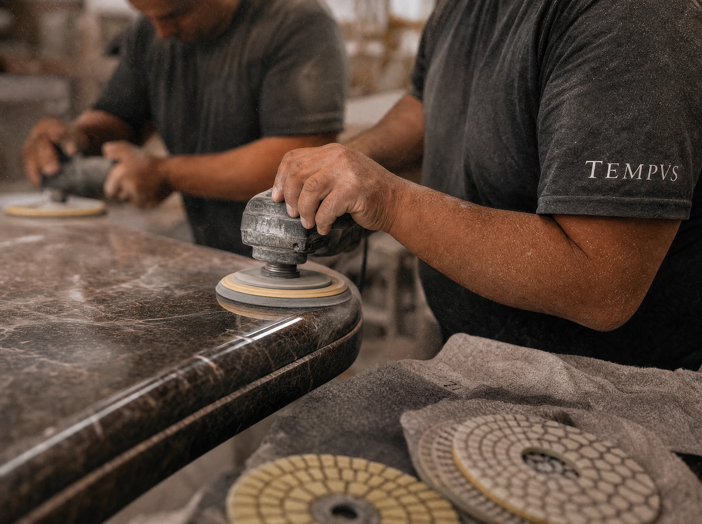 Detalle de manos trabajando el acabado de una pieza de piedra